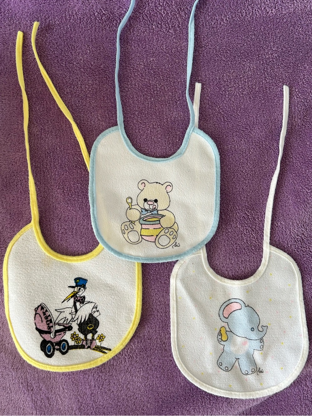 Vintage Lined Baby shower tie on Bibs Whimsical Graphic stork bear elephant lot